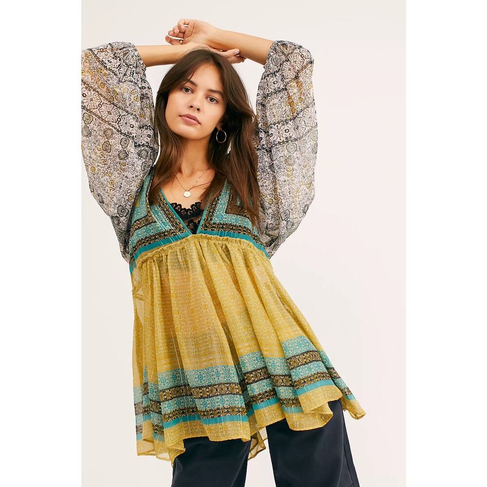 Free People Aliyah Printed Babydoll Sheer Metallic Tunic Top Green Boho Fairy XS
